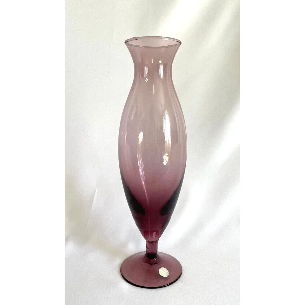 Italian Blown Art Glass Amethyst Purple Bud Vase Pedestal 9.5